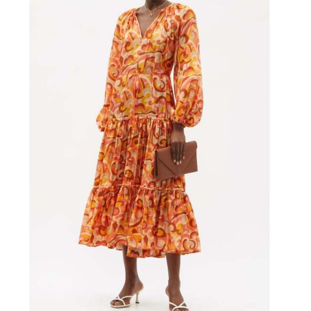 Zimmermann Mae Tiered Swirl Print Silk Midi Dress